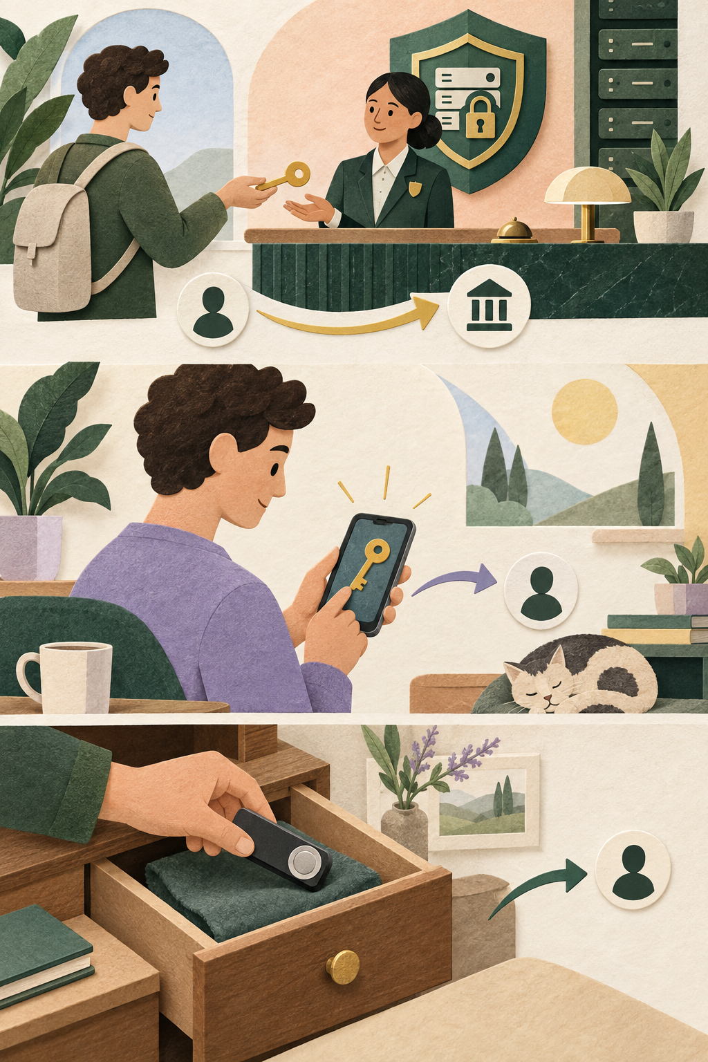 Editorial illustration comparing a hosted Bitcoin account, a software wallet on a phone and an offline hardware device stored securely.