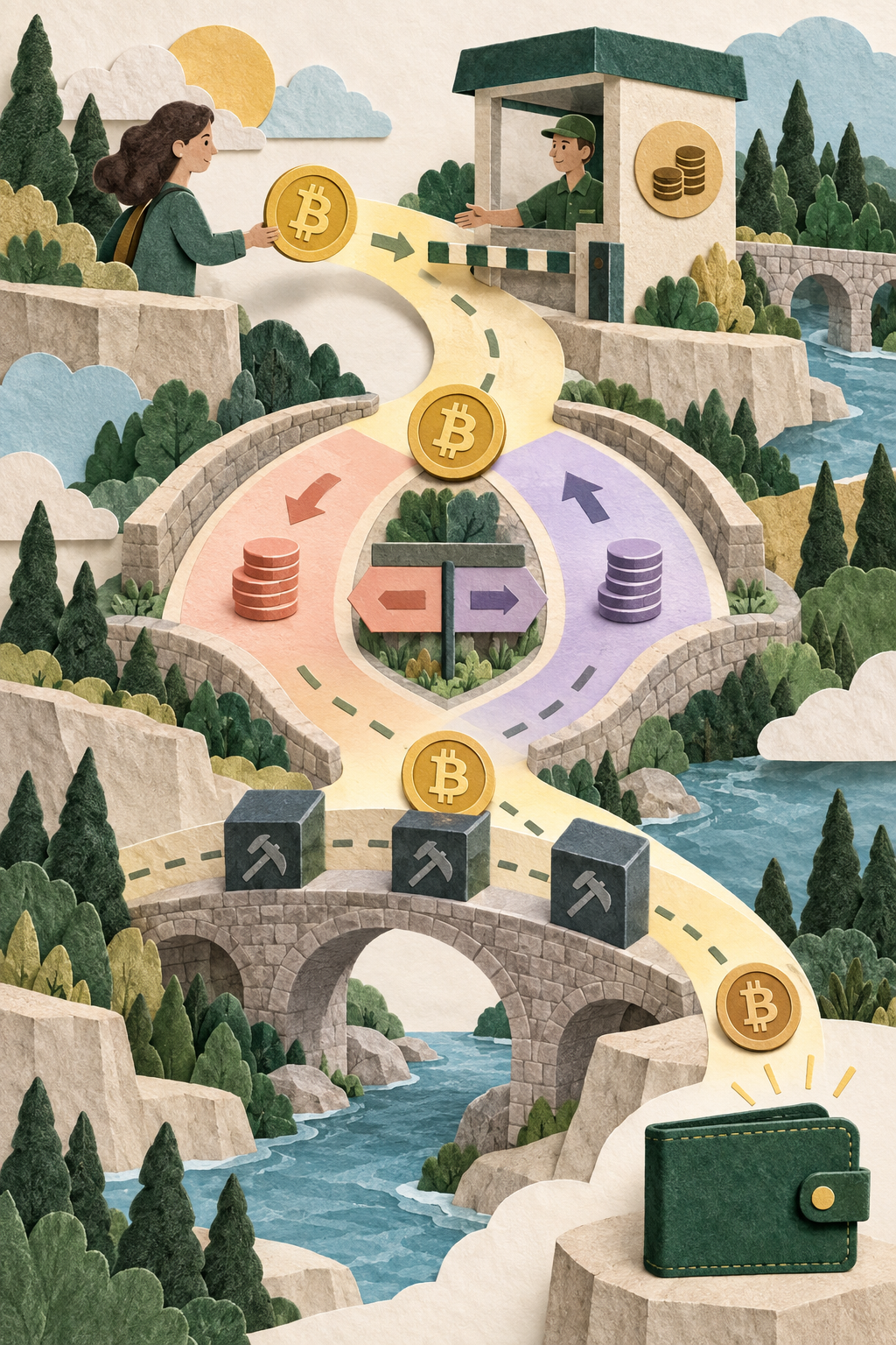 Editorial illustration of a Bitcoin route passing a provider toll, splitting across two price lanes, crossing a network bridge and arriving at a wallet.