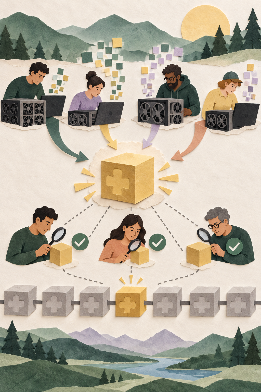 Editorial illustration showing several Bitcoin mining participants competing to propose a block, followed by independent checking and accepted history.