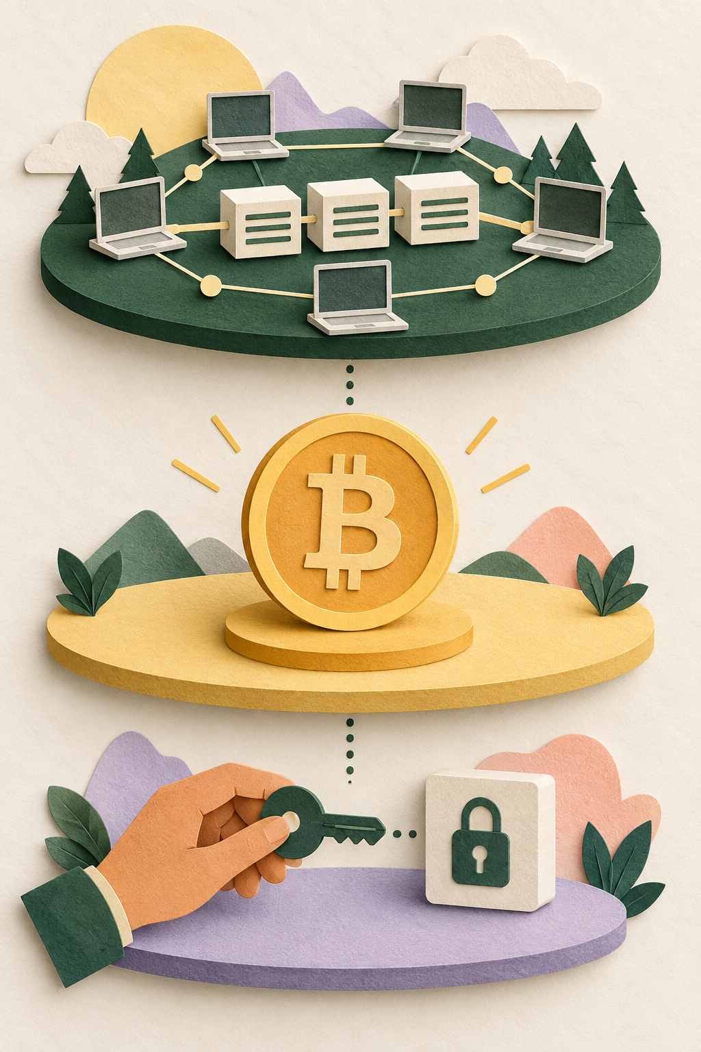 Editorial illustration showing a connected shared record, a Bitcoin asset and a separate key-and-lock custody layer.
