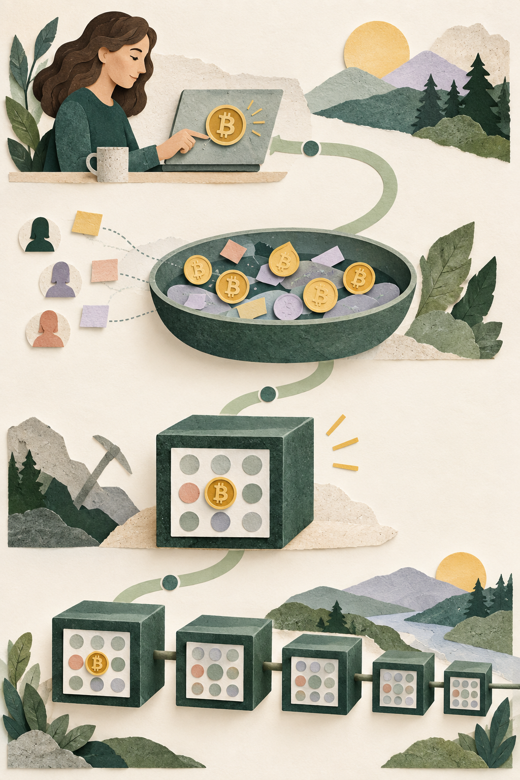 Editorial illustration showing a Bitcoin transaction moving from authorization through a waiting pool into a block and then into a chain of additional confirmations.