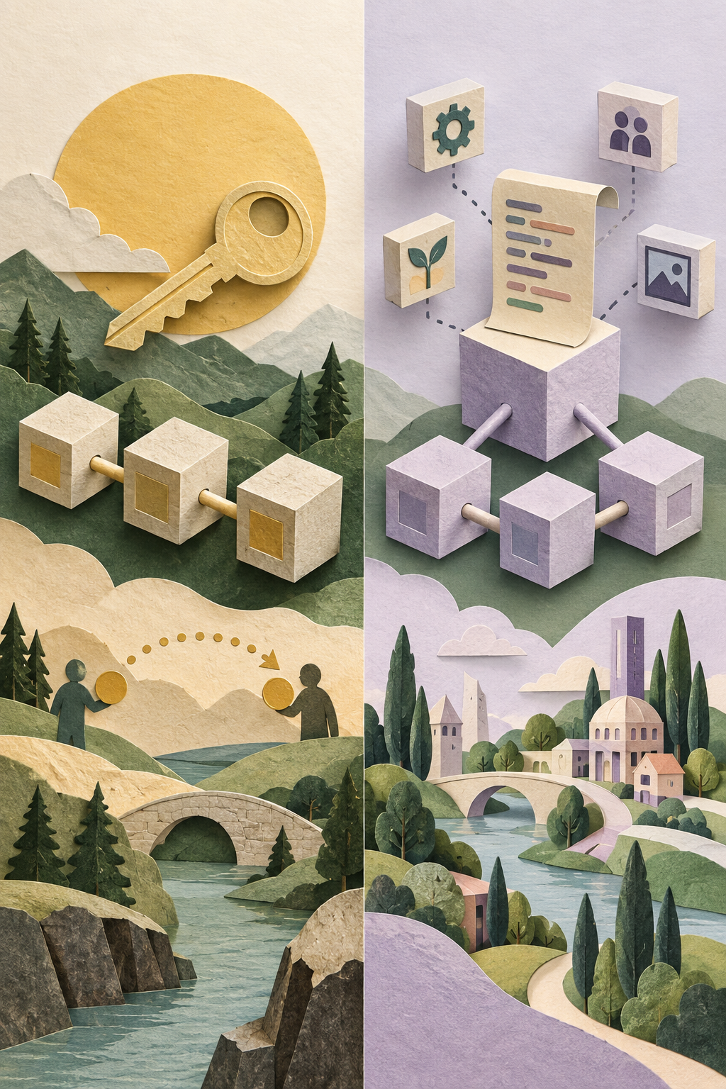 Editorial split illustration comparing a focused Bitcoin value-transfer ledger with an Ethereum-style programmable account and contract environment.