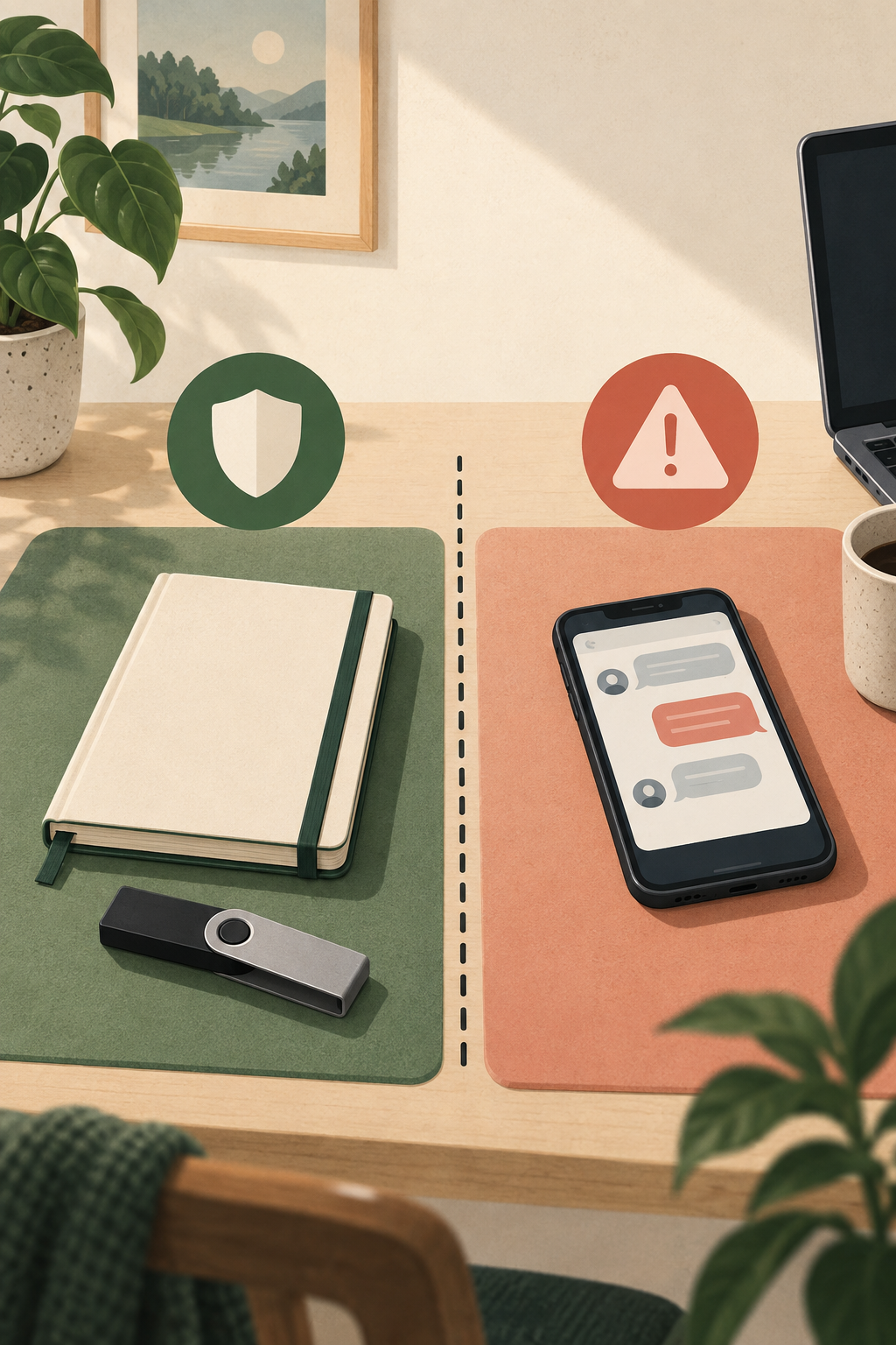 Editorial illustration contrasting a private offline recovery backup with a connected request for secret words.