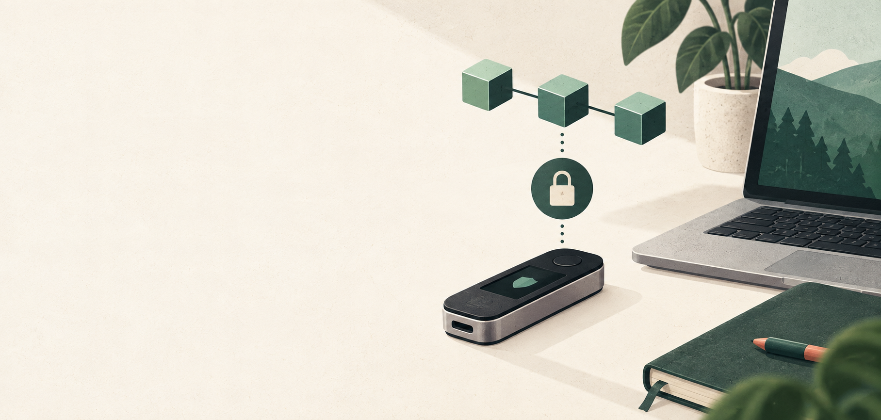 Editorial illustration separating the signing device, connected software, blockchain record and the user's recovery responsibility.