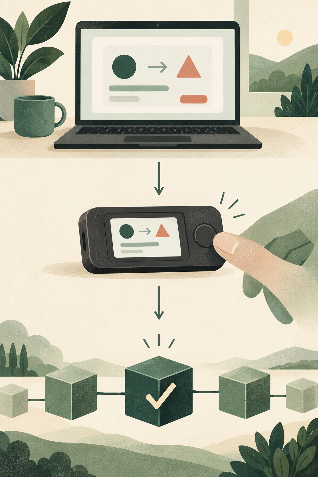 Editorial illustration showing a transaction preview on a computer, a user confirming on a hardware device and a checked record joining network history.