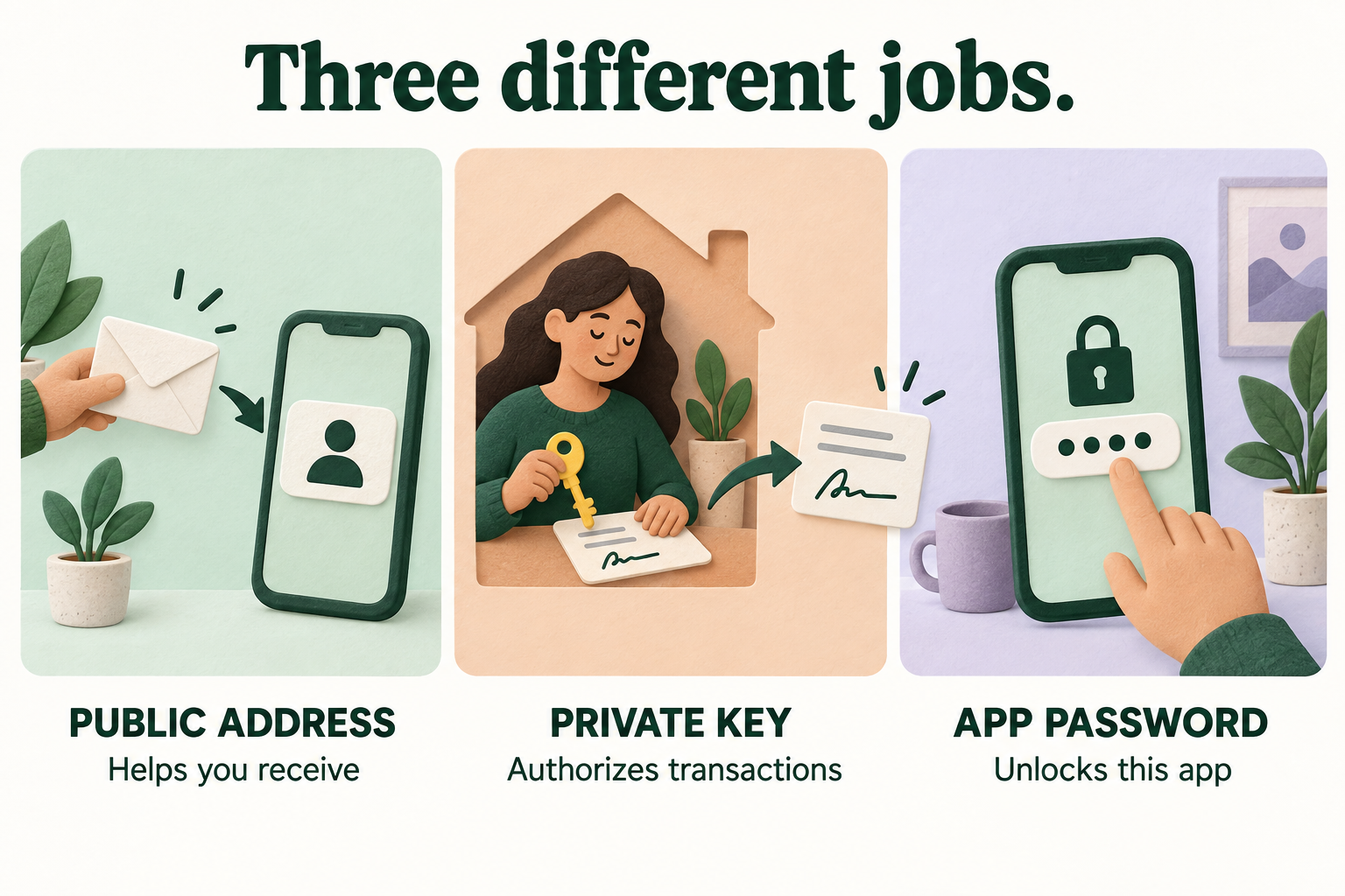 Editorial illustration separating a public wallet address, a private key and a password into three different roles.